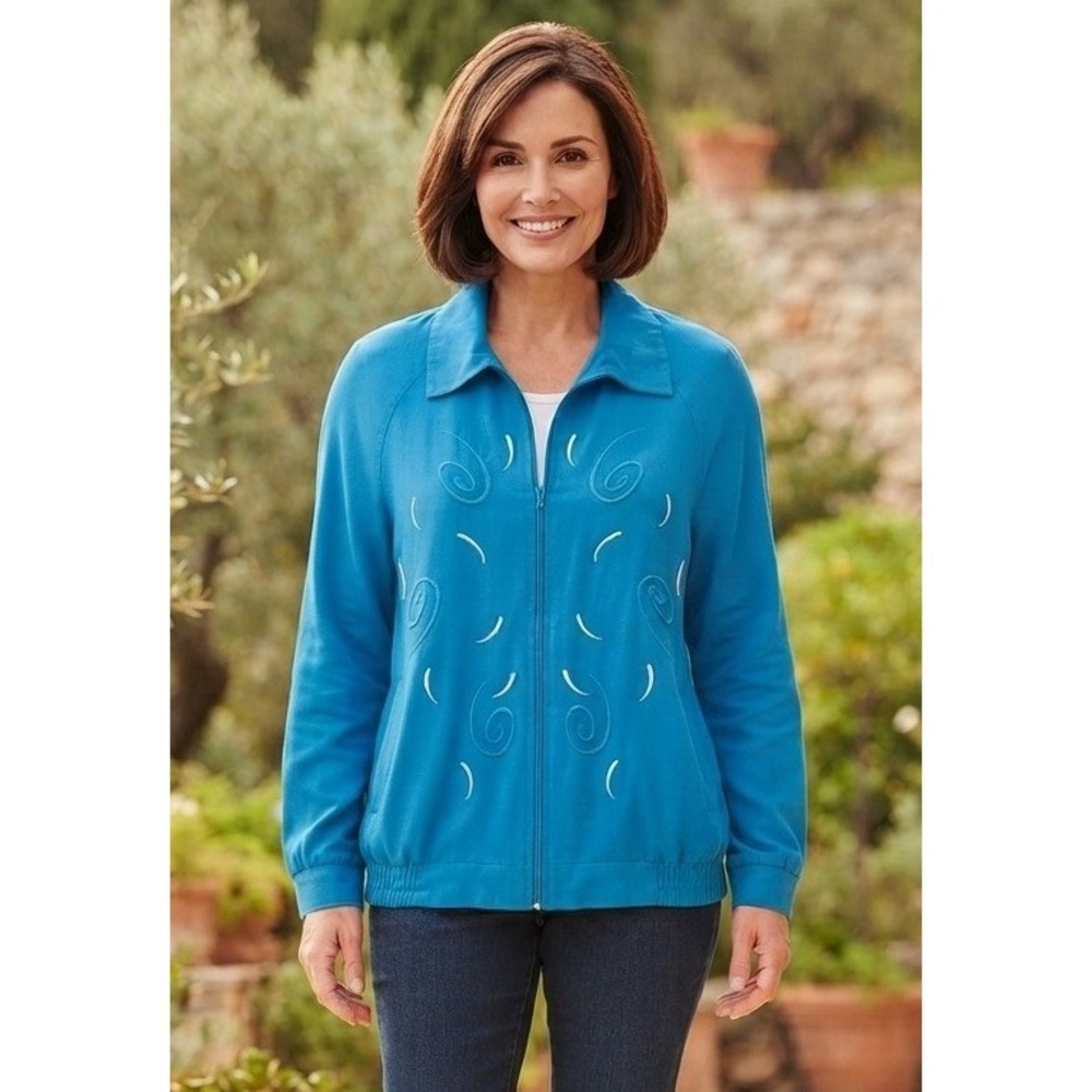VTG Saint Germain Embroidered Swirl Full Zip Collared Jacket Women's L Blue USA